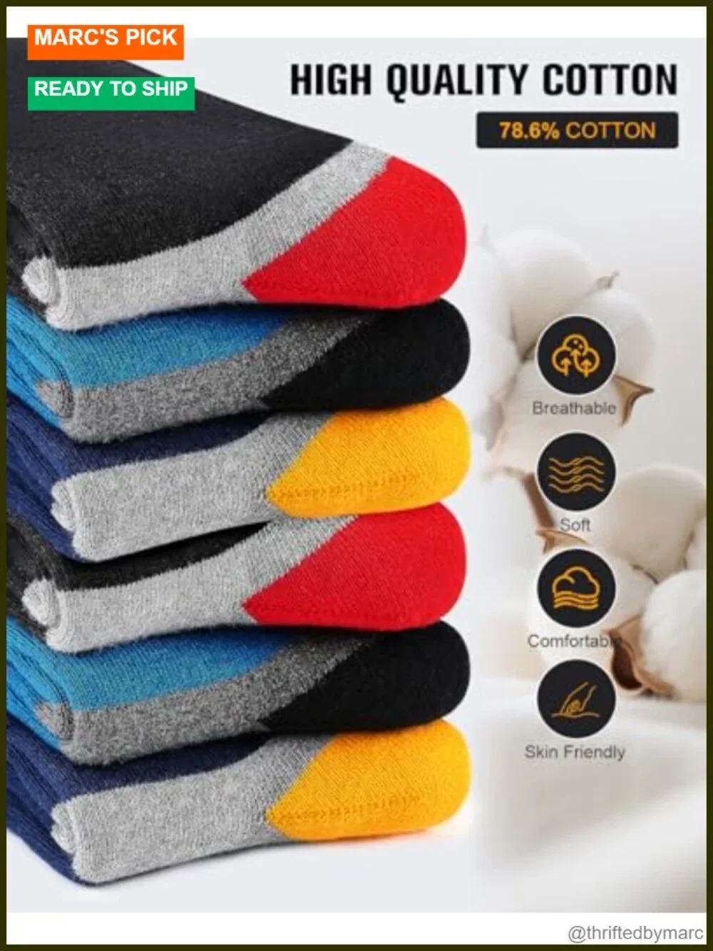 6-Pack Men's Cotton Cushioned Crew Socks for Hiking Work Running